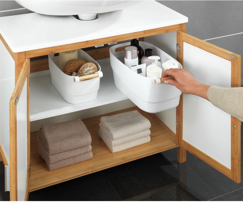 WENKO Organizer mit Holzgriff M, Kleinaufbewahrung, Weiß, Polypropylen weiß, Holz braun