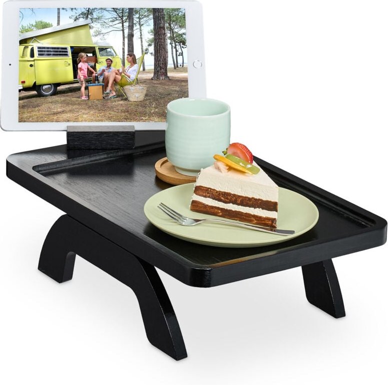 Thumbnail - Relaxdays - Sofatablett, Armlehne, Bambus, mit Handyhalterung, HxBxT: 12 x 40,5 x 25 cm, Sofaablage Getränke, schwarz