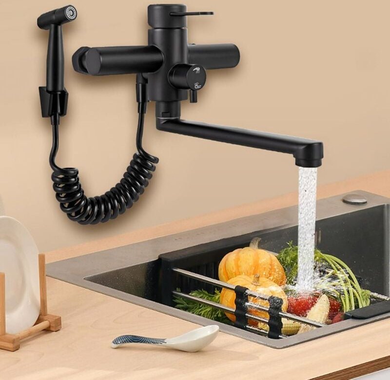 Wasserhahn Küche Wandmontage,Küchenarmatur mit Spritzpistole,Wandarmatur Schwenkbarem 360°-Auslauf, Drehrohr 23cm