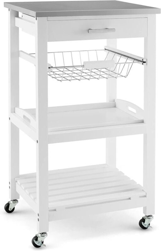 GOPLUS Servierwagen auf Rollen, Rollwagen mit Stahl-Arbeitsplatte, Küchenwagen mit Schublade & Ablagen, Küchenregal für ...