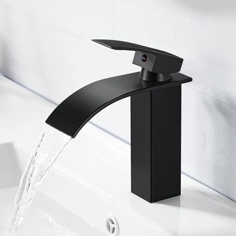 Wasserfall-Badezimmerarmatur, Mischbatterie aus Messing, Warm- und Kaltwasser verfügbar, Chrom-Wasserhahn G 3/8 - Schwar...