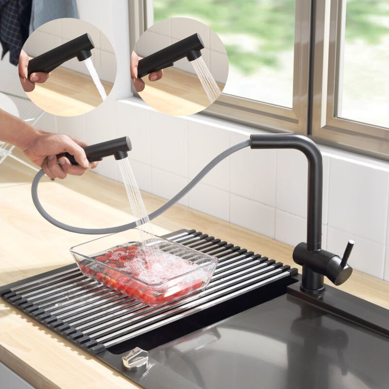 Schwarz Hochdruck Küchenarmatur Ausziehbar 360° drehbar Mischbatterie Küche mit 2 Auslauffunktionen Edelstahl Spültischa...