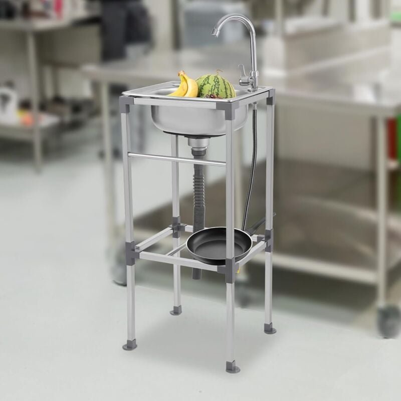 Freistehende Edelstahl Spültisch, Küchenspüle Einbecken, Waschtisch mit Wasserhahn, Mobile Spüle Edelstahl mit Ablassvor...
