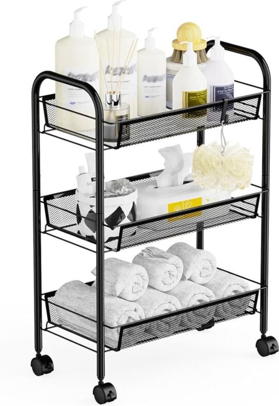 Rollwagen Küchewagen mit 3 Ebenen, Metall Regal auf Rollen mit Griff für Küche, Badezimmer, Schlafzimmer, Büro - Schwarz