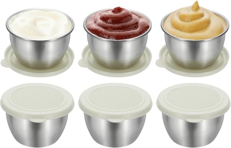6 Salatdressingbehälter aus Edelstahl (80 ml) mit auslaufsicheren Silikondeckeln, ideal für Picknicks