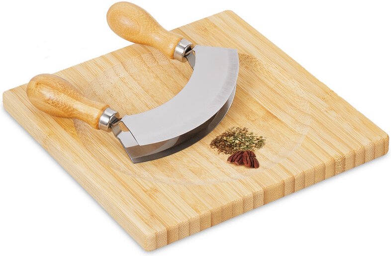 Relaxdays Wiegemesser mit Brett, Bambus & Edelstahl, zweischneidiges Kräutermesser, Kräuterbrett 20x20 cm, natur/silber