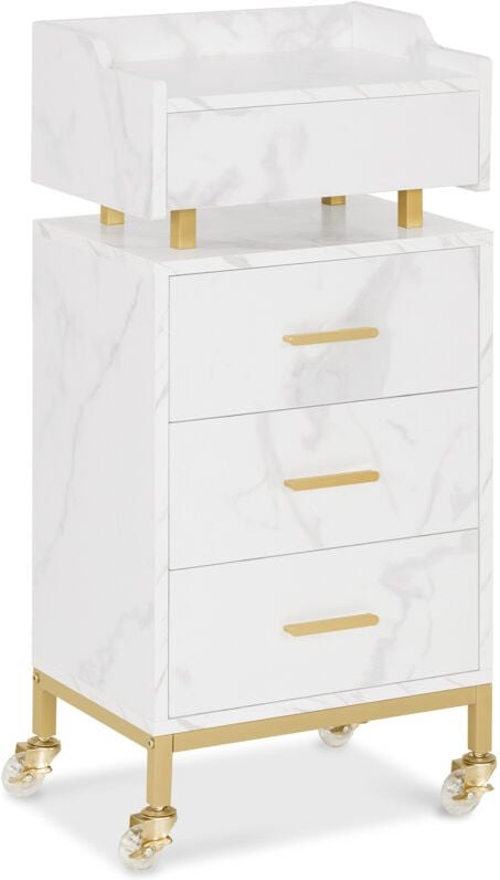 M Mcombo Servierwagen mit Rollen & 4 Schubladen, Rollwagen Friseurwagen Weiß, Salon Trolley mit Ablage, Moderner Arbeits...