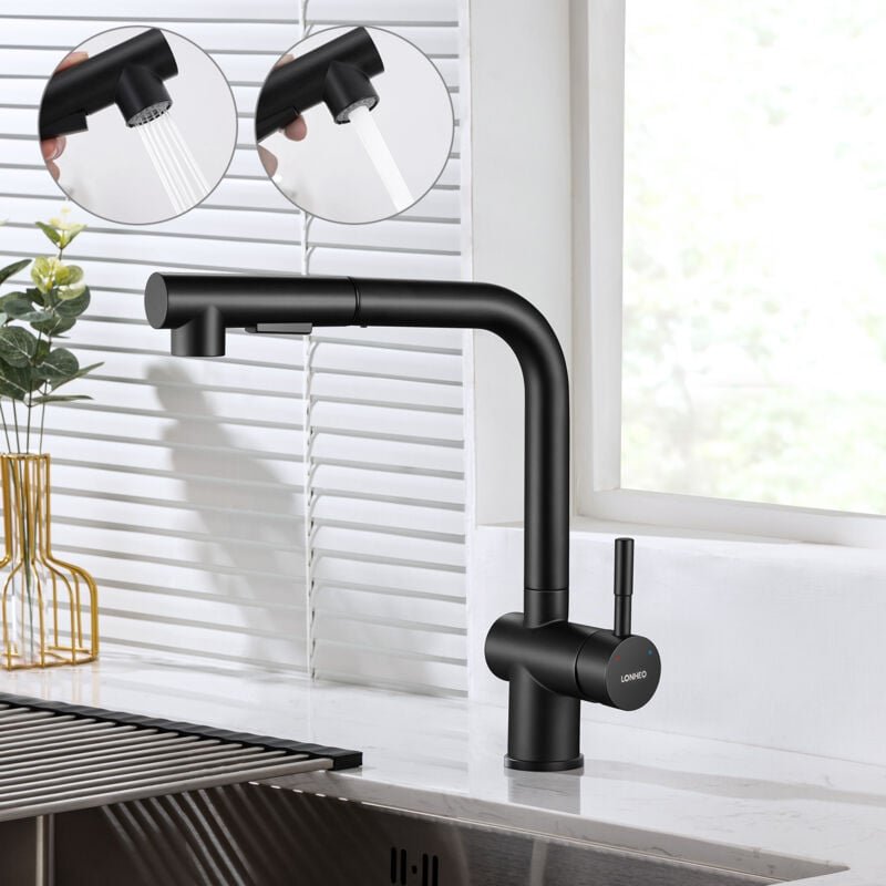 Lonheo Schwarz Hochdruck Küchenarmatur 360°schwenkbare Mischbatterie Ausziehbare Armatur Einhebelmischer Spültischwasser...