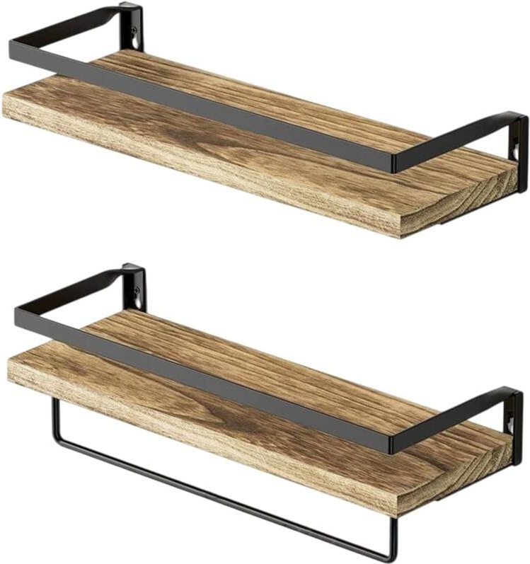 Relaxdays Wandregal, 2-tlg. Set, Holz & Metall, Fallschutz, Regalbrett m. Handtuchhalter, Industrial Stil, natur/schwarz