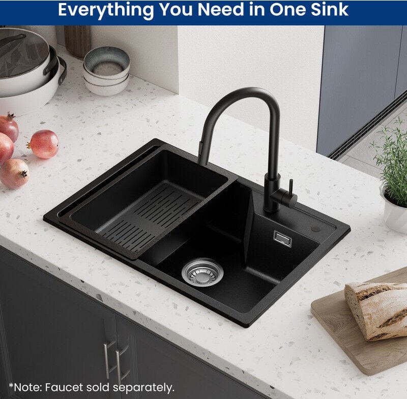 Sofetiy Max 65 x 45 cm Granitspüle, Küchenspüle Granit mit Abtropfkorb, Aufsatzspüle für die Küche, mit Siphon Ab- und Ü...
