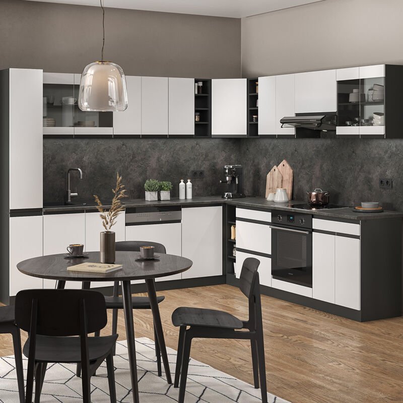 Vicco - Eckküche R-Line, Weiß, 257 x 60 cm J-Shape, ohne Arbeitsplatte