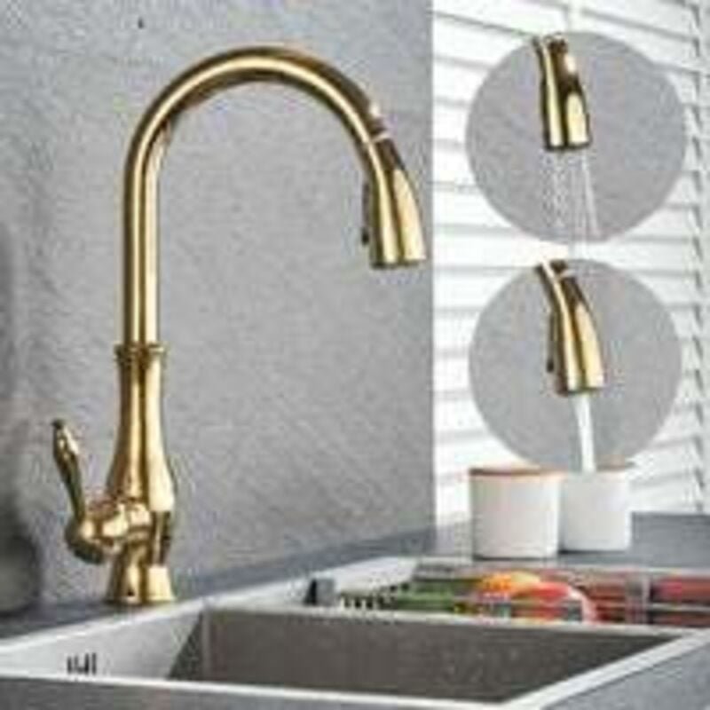 Ausziehbarer Küchenhahn aus goldenem Messing mit Sprüher, ausziehbarer Spültischhahn, 360° schwenkbarer Spiralfeder-Küch...