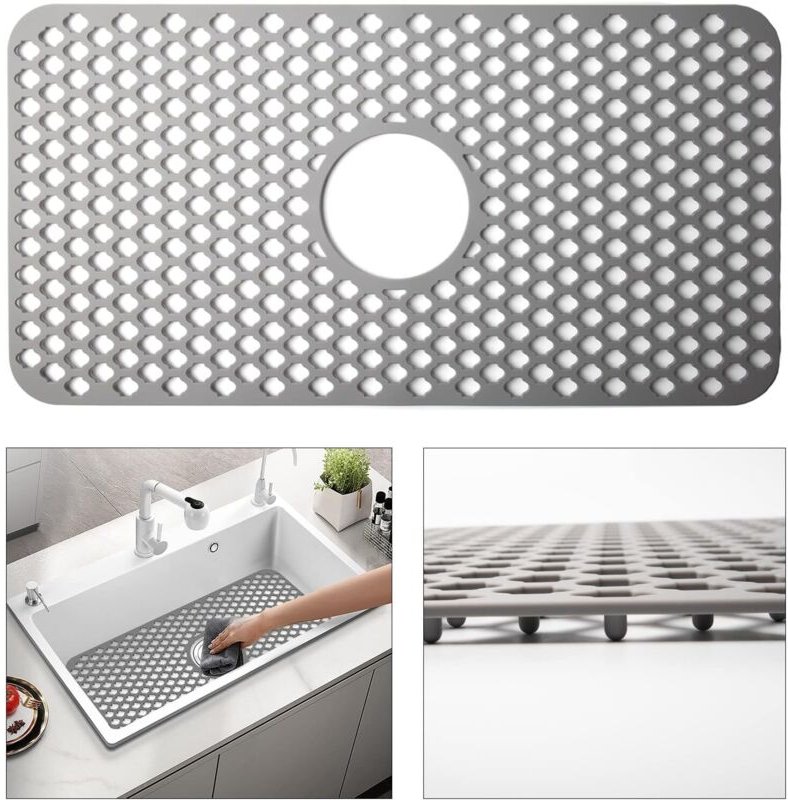 Silikon-Spülbeckenmatte, 24,6 x 12,9 Zoll, Küchenschutzgitter für den Boden des Spülbeckens mit Mittelablauf, Grau