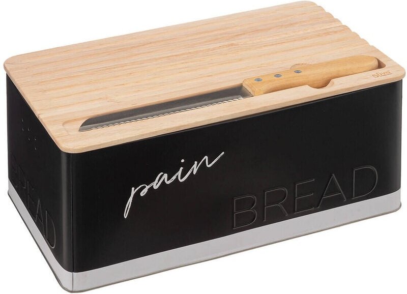 5five Simply Smart - Schwarzer Brotkasten mit Schneidebrett und Messer, 32,7 x 20,2 x 14,5 cm