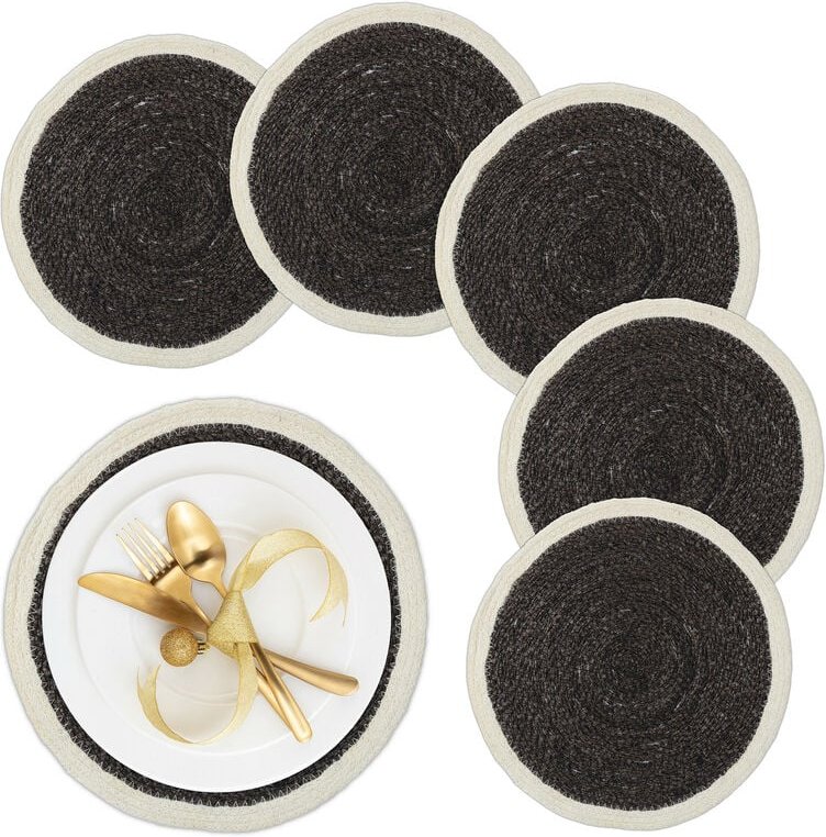 Relaxdays - Tischset, 6-teilig, geflochten, Seegras, ø 37 cm, rundes Platzset für Esstisch, Platzdeckchen, schwarz/creme