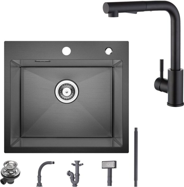 Spülbecken mit 1 Becken 50×45CM Edelstahlspüle Anthrazitschwarz + Küchenarmatur mit 2 Strahlarten Schwarz ausziehbarer S...