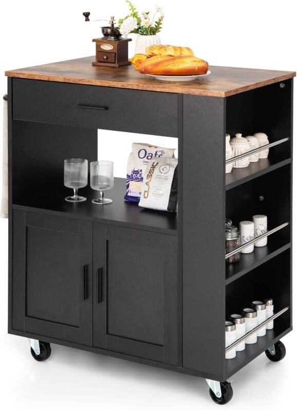 Küchenwagen, Servierwagen mit Schublade, Zweitüriger Schrank, Dreistufiges Gewürzregal, Wasserfest, Räder mit Bremsen, R...