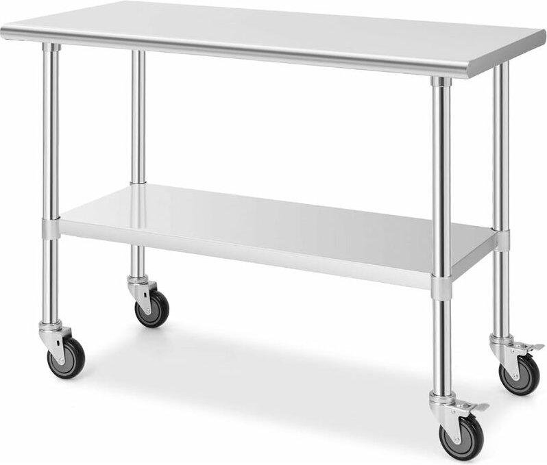 Edelstahltisch mit 4 Universalrädern, Multifunktionaler Küchentisch mit großer Tischplatte & Höhenverstellbarer Ablage, ...
