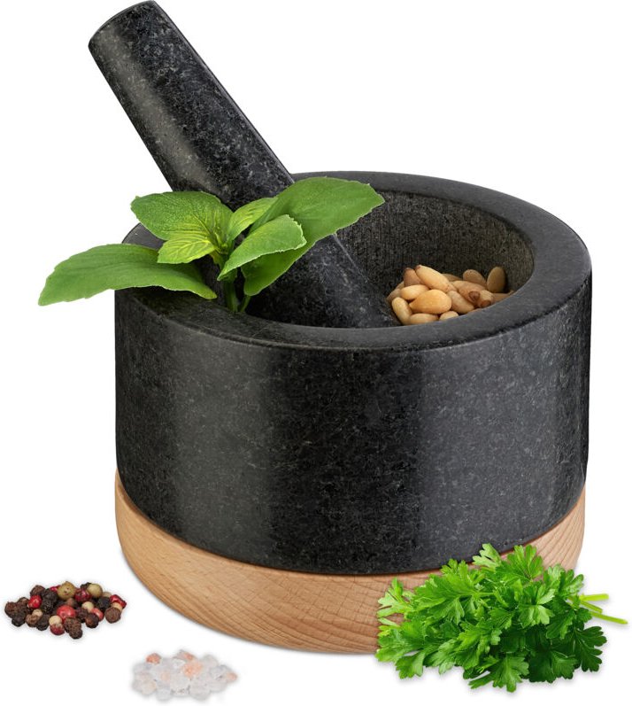 Relaxdays - Mörser mit Stößel, Holzuntersetzer, Granit, HxD: 8,5 x 14 cm, Steinmörser, Gewürze & Kräuter, schwarz/natur