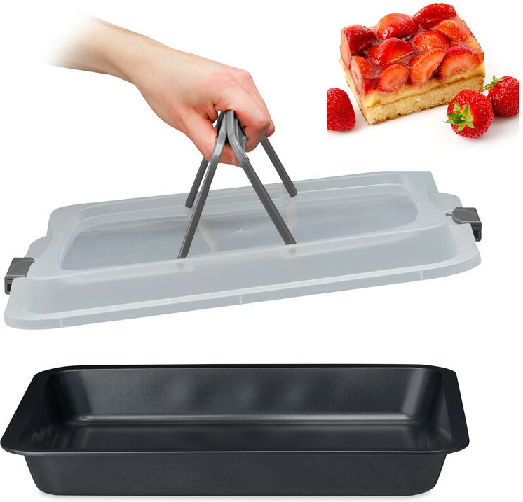 Thumbnail - Relaxdays - Backblech mit Deckel, 3in1 Kuchen Transportbox, BxT 40,5 x 32,5 cm, rechteckige Backform, Transporthaube, gr...