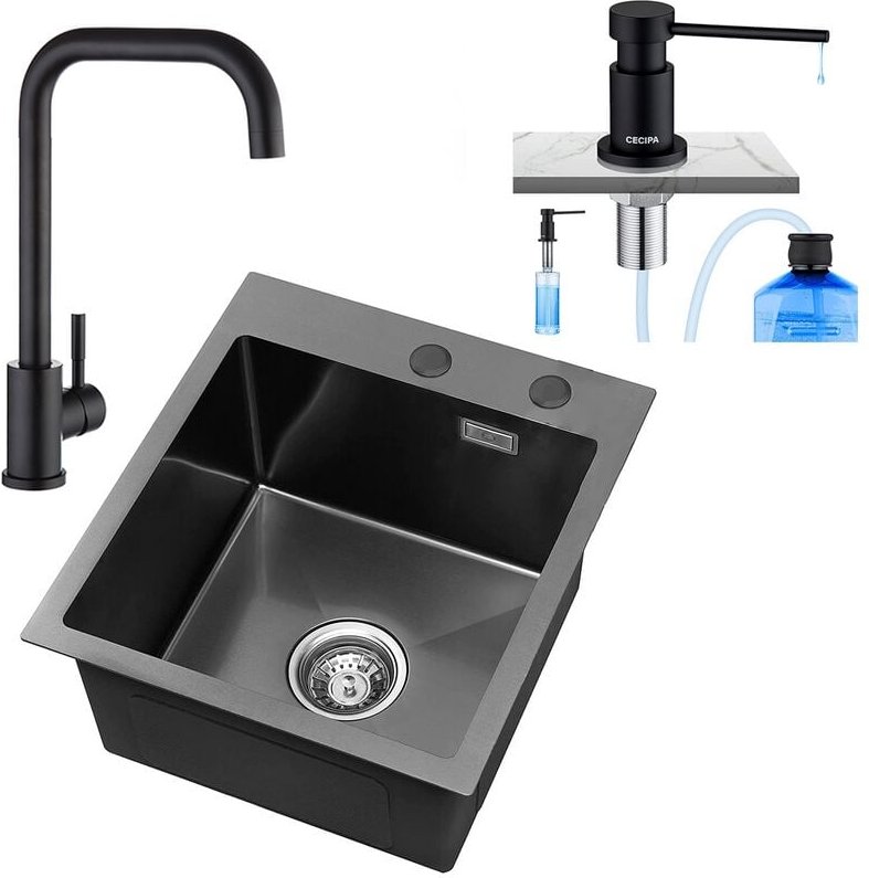 Spülbecken 40 45 cm ab 40er Unterschrank Küchenspüle mit Über- und Ablaufgarnitur, Einbauspüle Edelstahl Becken Anthrazi...