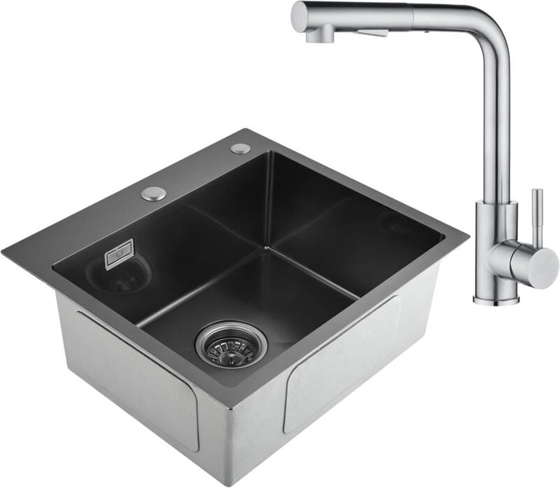 2 in 1 Küchenspüle schwarz 50 x 45 x 18,5 cm + ausziehbarer Küchenarmatur aus Edelstahl - Cecipa