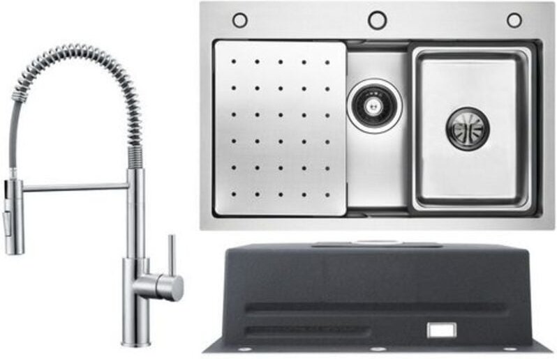Cecipa Max - Küchenspüle aus Edelstahl 70x45cm Gebürstete Mit Abtropffläche + Feder-Küchenarmatur gebürstete Mit 2 Strah...