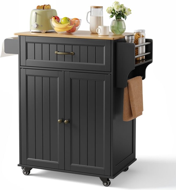 3-stufiger mobiler Küchenwagen mit Schrank, Schublade, Gewürzregal und Handtuchhalter in Schwarz - Bealife