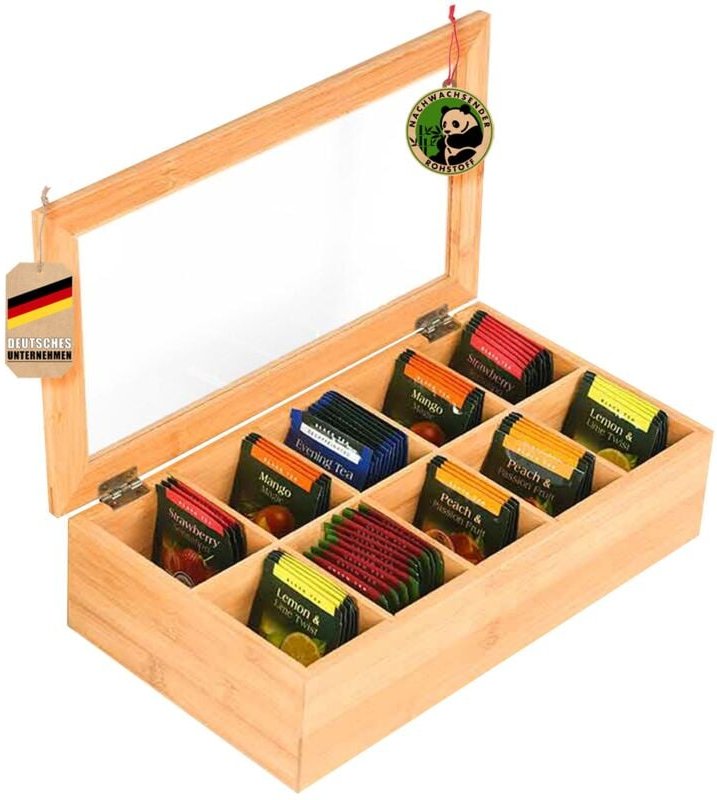Floordirekt - Bambus-Teebox mit Deckel Praktische und stilvolle Teeaufbewahrung 10 Fächer (Florida)