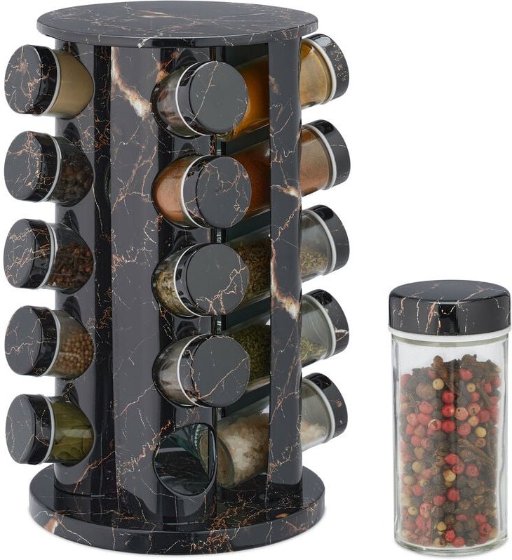 Relaxdays - Gewürzkarussell mit 20 Gewürzgläsern, mit Streueinsatz, drehbar, nachfüllbare Gewürzbar, Marmoroptik, schwar...