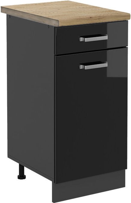 Vicco - Küchenunterschrank R-Line, Schwarz Hochglanz, 40 cm , ap Eiche