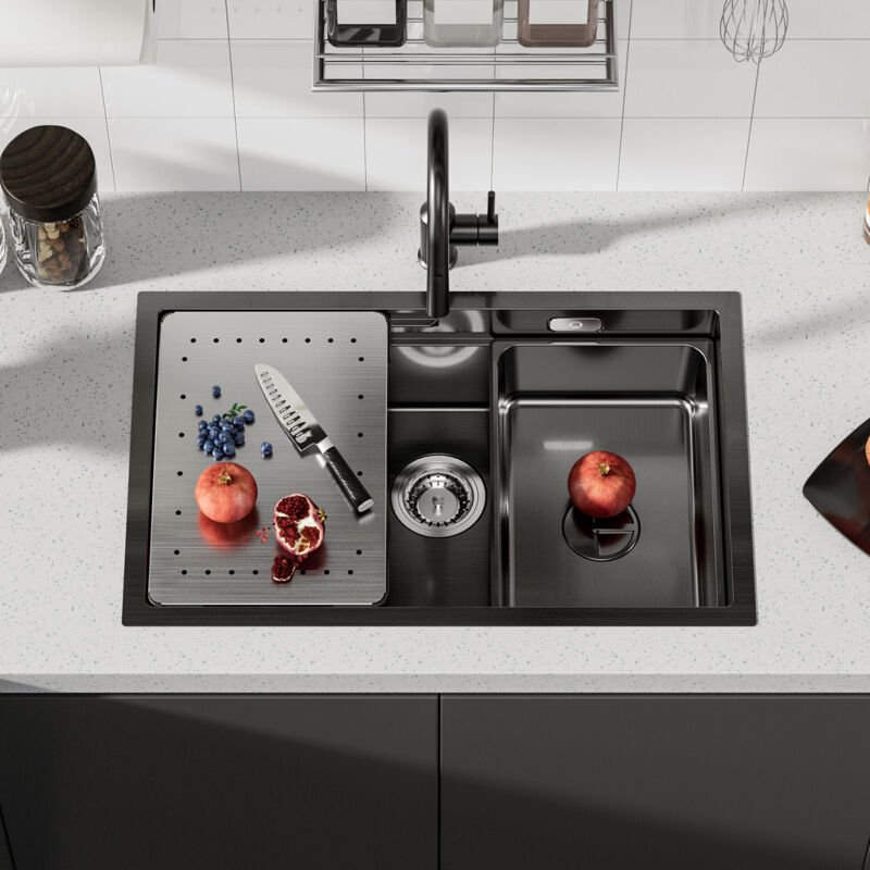 Einzelbecken-Küchenspüle pülen mit 1 Becken 70 x 44 x 21 cm, Spüle mit Abtropffläche und Schüssel, Unterbauspüle aus 201...