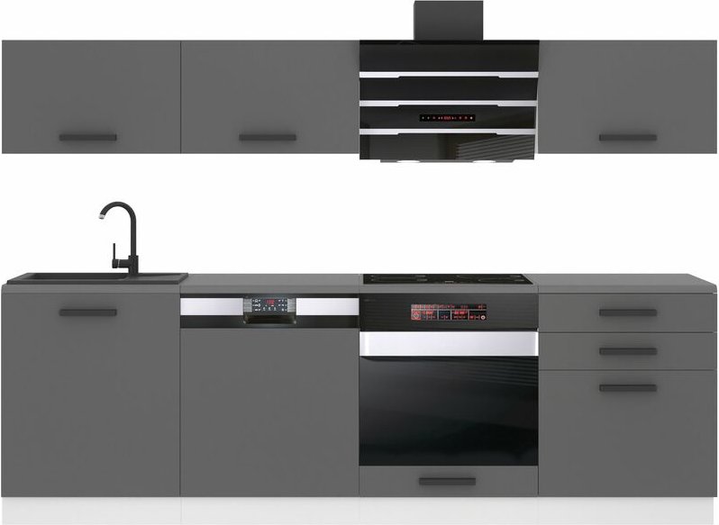 Küchenzeile Küchenblock Linda - Küchenmöbel 240 cm Einbauküche Vollausstattung ohne Elektrogeräten mit Hängeschränke und...