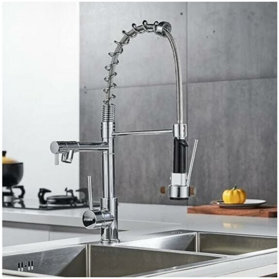 360° drehbarer Küchenarmatur, Chrom-Messing-Küchenarmatur, Zwei-Spray-Küchenmischbatterie mit flexibler Brause, Silber