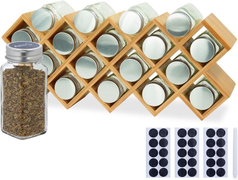 Relaxdays Gewürzregal Bambus, HBT: 25,5 x 43 x 9,5 cm, Gläser, Etiketten, Stift, Gewürzständer Arbeitsplatte, natur