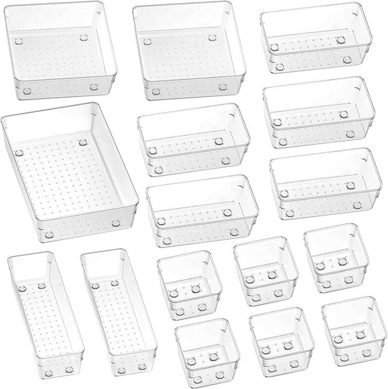 16 Stücke Schubladen Ordnungssystem mit 4 Größen, Schubladen Organizer, Antirutsch Klar Kunststoff Make Up Organizer Ein...