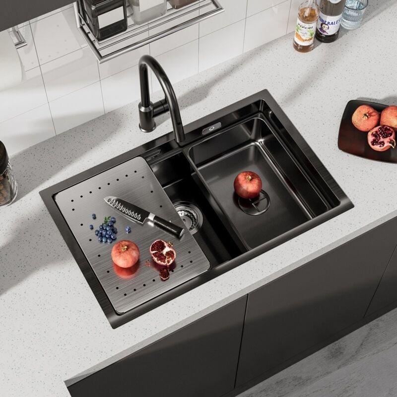 Schwarz Spülen mit 1 Becken 70 x 44 x 21 cm, Küchenspüle, Edelstahl-Einbauspüle, Küchenspüle mit Abtropffläche und Becke...