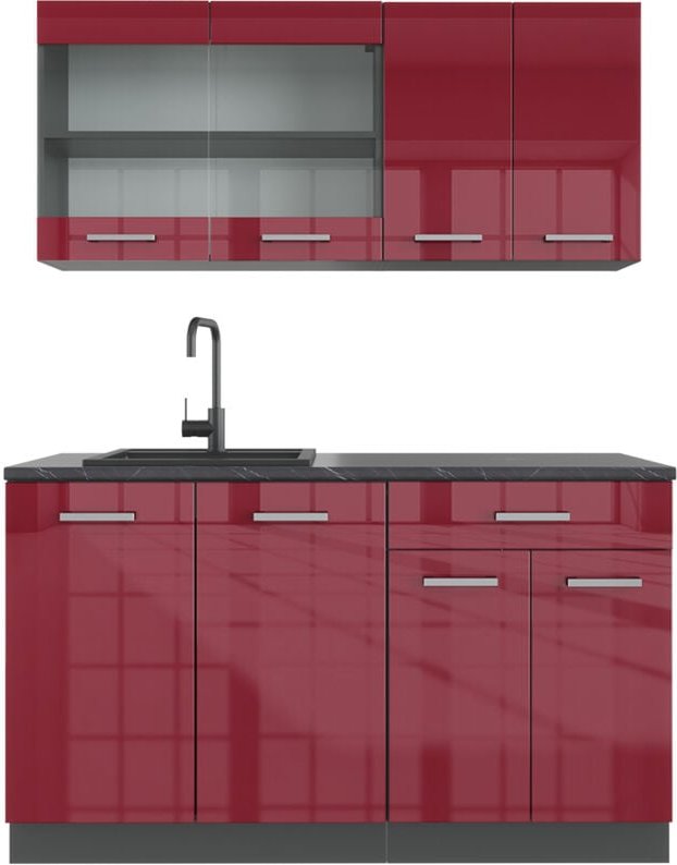 Thumbnail - Singleküche R-Line, Bordeaux Hochglanz/Anthrazit, 140 cm , AP Anthrazit, Vicco