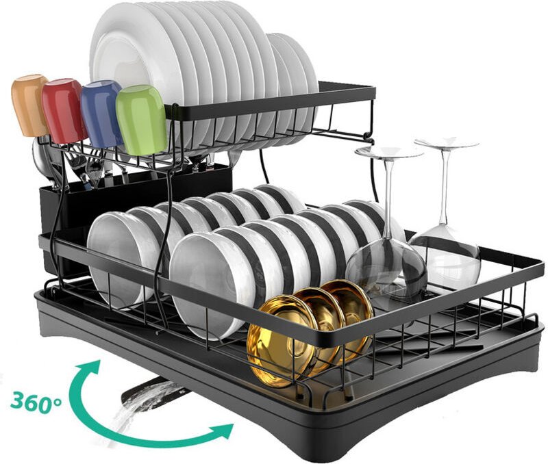 Edelstahl Geschirrständer 2‑stufiges Abtropfgestell mit abnehmbarer Halterung, 360° Abfluss und Tropfschale, Platzsparen...