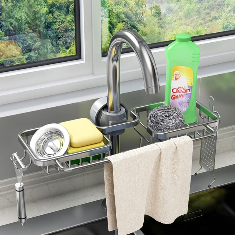 Schwammhalter für den Wasserhahn, Organizer für die Küchenspüle, Hängearmaturenhalter, Abtropfgestell für die Spüle.