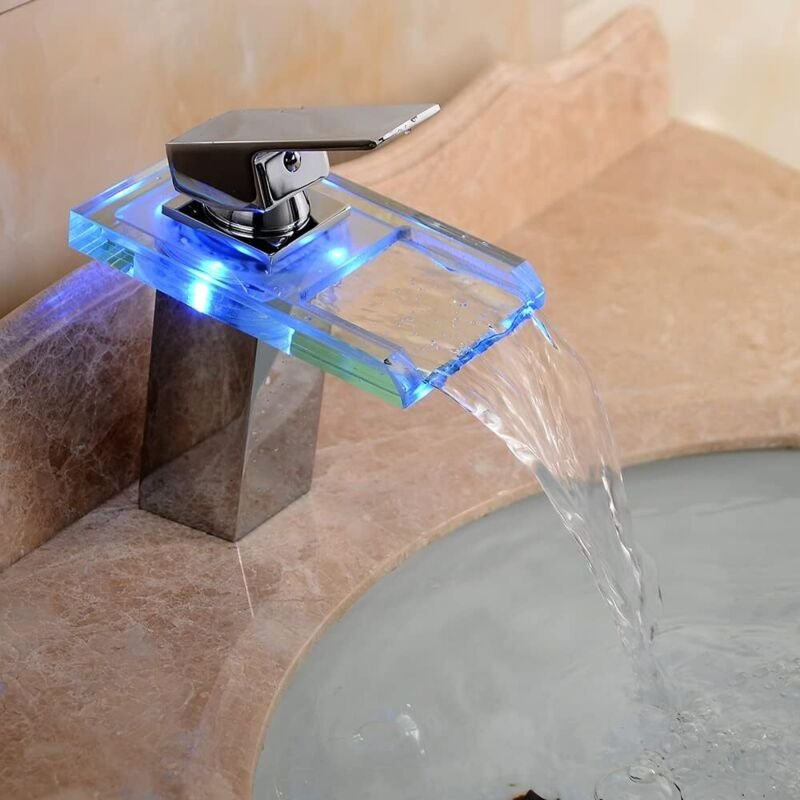 LED Wasserfall Wasserhahn Beleuchteter Glas LED Wasserfall Wasserhahn Bad Armatur Mischbatterie mit 3 Farbewechsel Beleu...