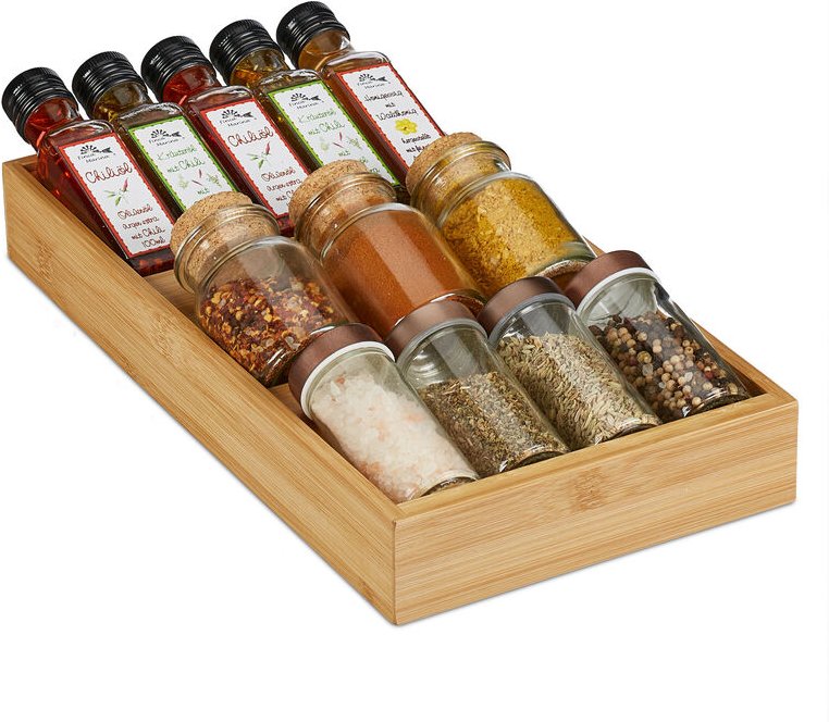 Relaxdays - Gewürzregal für Schublade, 3 Stufen, liegend, aus Bambus, HxBxT: 5x20x37 cm, Gewürzschubladeneinsatz, natur
