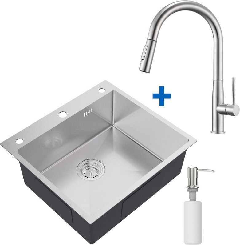 Thumbnail - 54 x 49 cm Edelstahl Küchenspüle + Hochdruck Ausziehbare Küchenarmatur, Spülbecken für ab 60 cm Küchenschrank, Silber