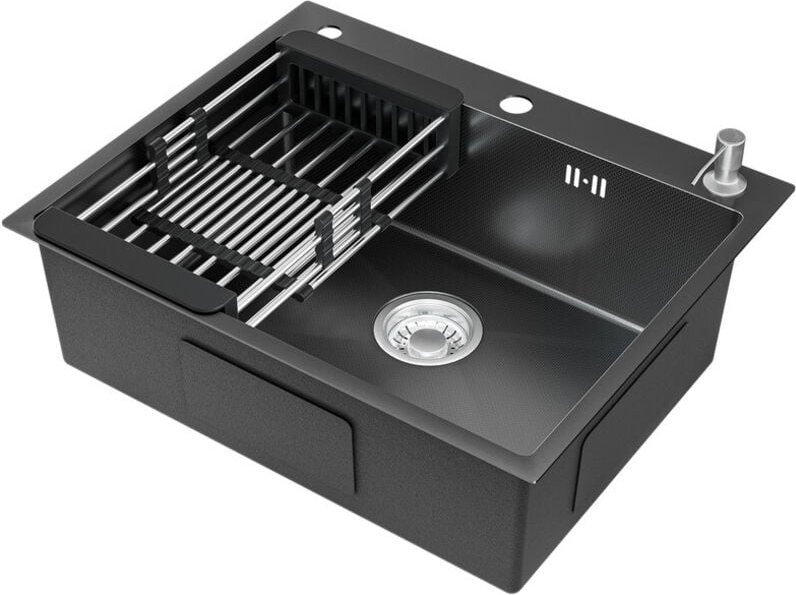 Anycee Max Küchenspüle 60 x 49 cm Edelstahl Einzelbecken mit Abtropfkorb und Seifenspender, Anthrazit