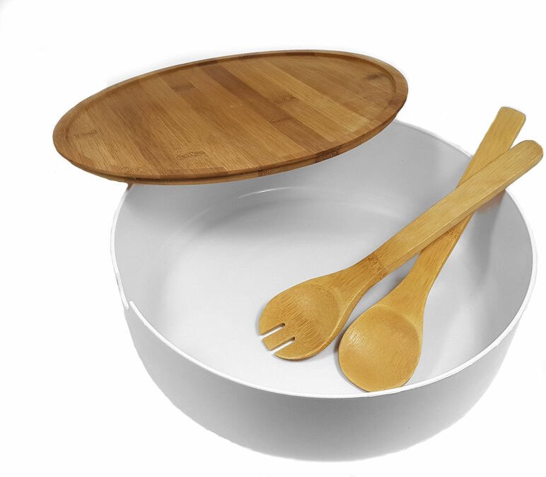 XXL Salatschüssel inklusive Bambus Besteck 30 cm - weiß - Kunststoff Schale groß mit Holz Deckel - Rührschüssel Serviers...