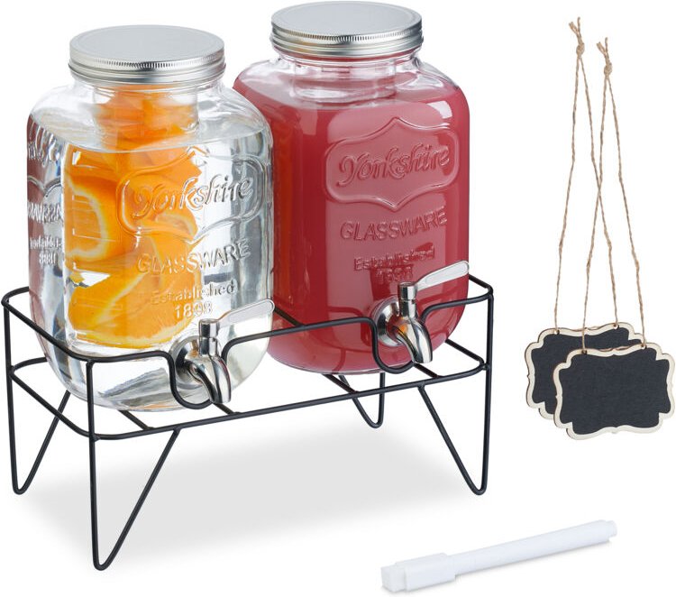 Relaxdays Getränkespender mit Ständer, 2 Limobehälter je 4L, Zapfhahn aus Edelstahl, Glas Wasserspender, transparent
