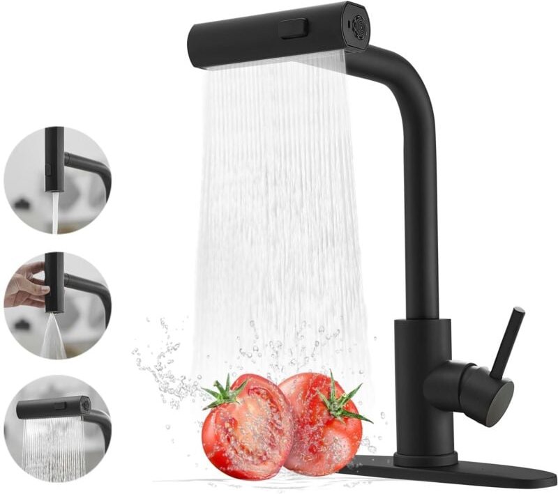 Schwarze Küchenarmatur mit ausziehbarer Brause – Wasserfall-Spültischarmatur – Professionelle Edelstahl-Küchenarmatur – ...