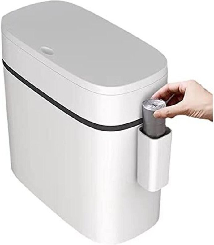 Ultradünner Kunststoffabfalleimer mit Deckel, rechteckiger Abfalleimer mit Druckknopfverschluss für Badezimmer, Schlafzi...