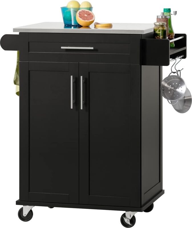 FKW110-SCH Küchenwagen auf rollen Servierwagen Beistellwagen Rollwagen mit Arbeitsplatte mit Tür und Schublade Getränkew...