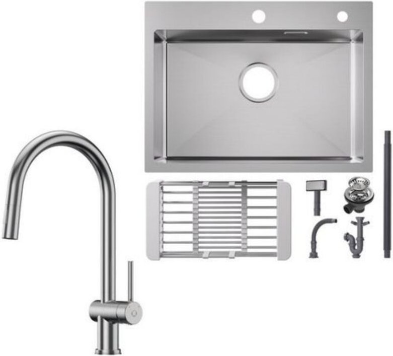 Küchenspüle aus Edelstahl 60x45cm Aufsatzwaschbecken Gebürstete + Ausziehbarer Küchenarmatur gebürstete Mit 2 Strahlarte...
